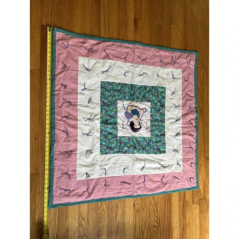 Handmade Snow White Baby Quilt 45x45 Tied Quilt Pink Green Nursery